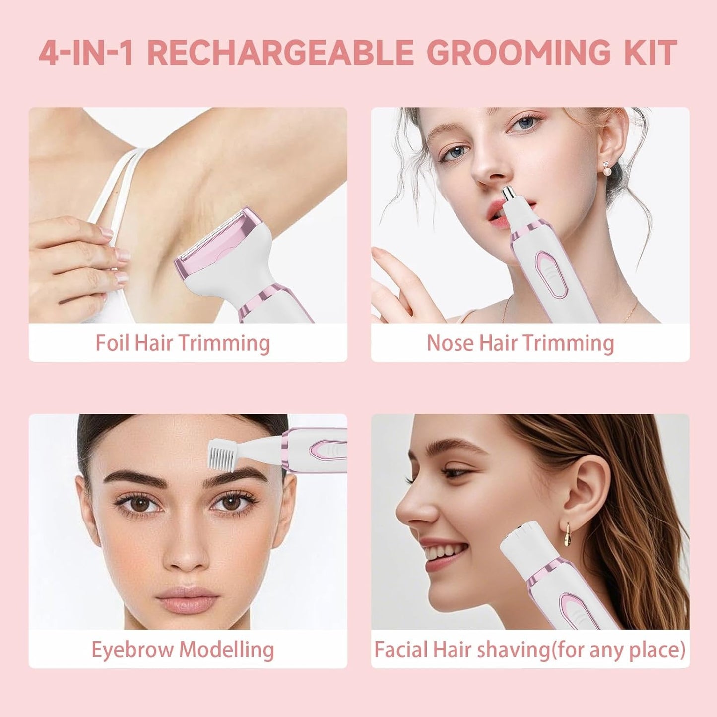 4in1 Women's Electric Hair Remover Multifunctional Women's Electric Shaver Trimmer Set Bikini Line Trimmer for Women USB Rechargeable for Eyebrows, Nose, Face Legs Hair Removal Portable Gentle Perfect Gift for Women