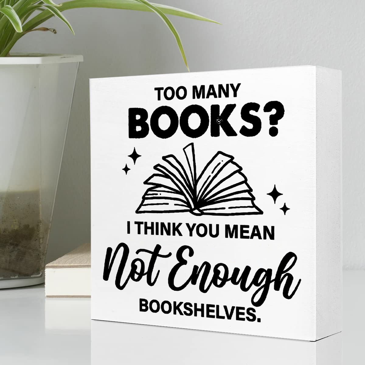 1pcs Contemporary Square Wall Art Decor with PS Material, "Too Many Books" Quote Desk Sign for Home Office Shelf/Tabletop Decoration - No Electricity Needed