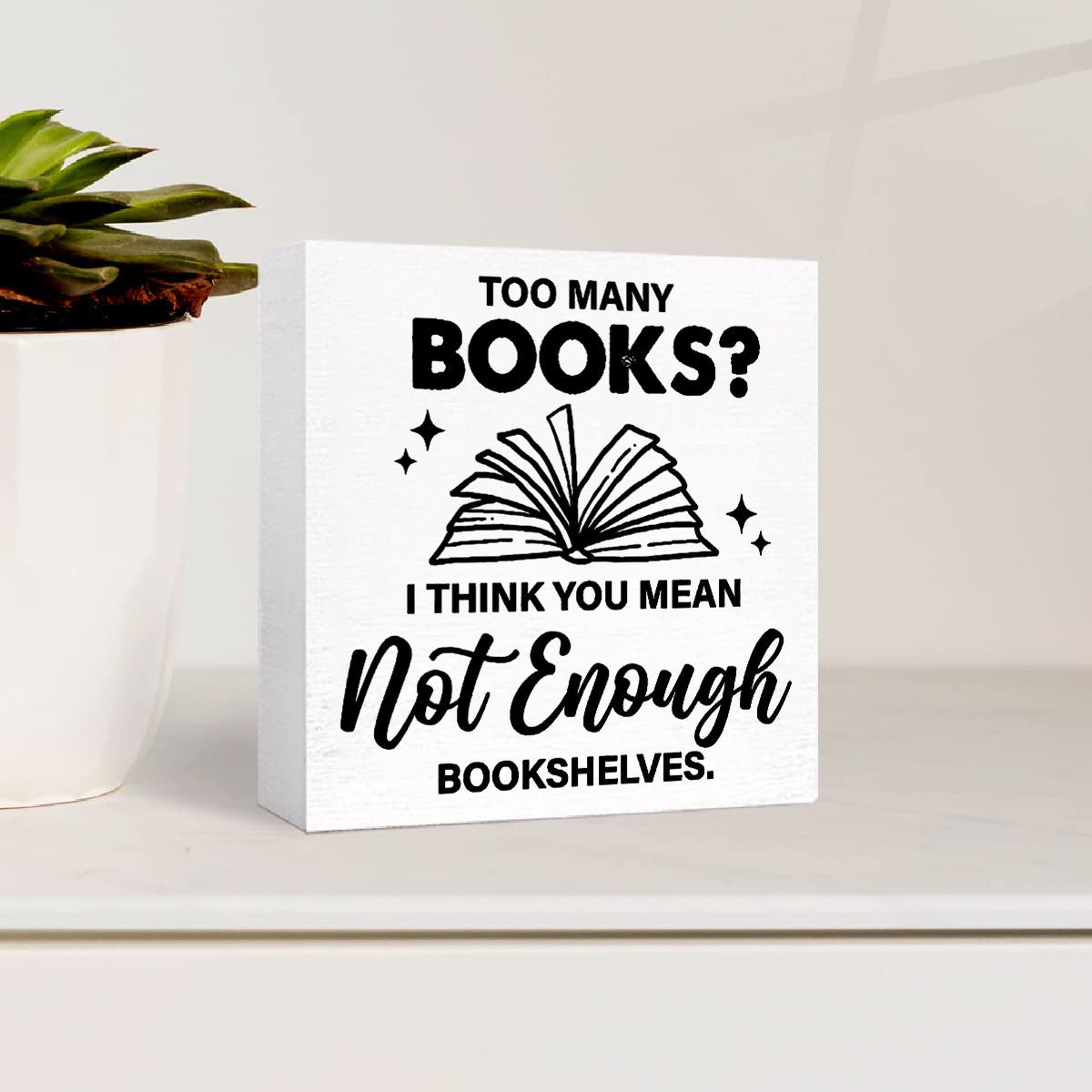 1pcs Contemporary Square Wall Art Decor with PS Material, "Too Many Books" Quote Desk Sign for Home Office Shelf/Tabletop Decoration - No Electricity Needed