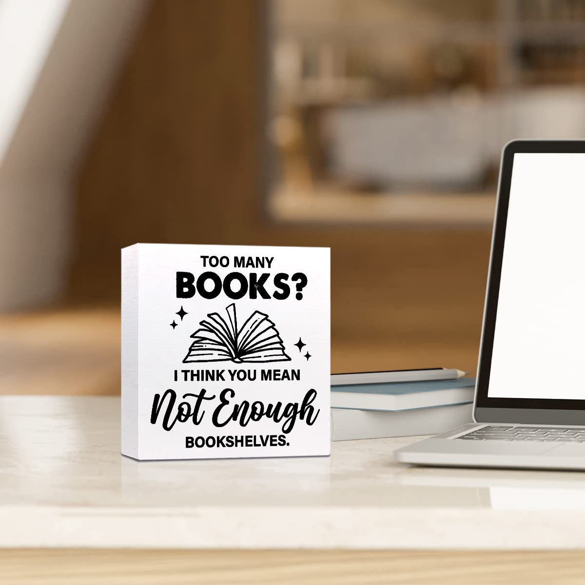 1pcs Contemporary Square Wall Art Decor with PS Material, "Too Many Books" Quote Desk Sign for Home Office Shelf/Tabletop Decoration - No Electricity Needed