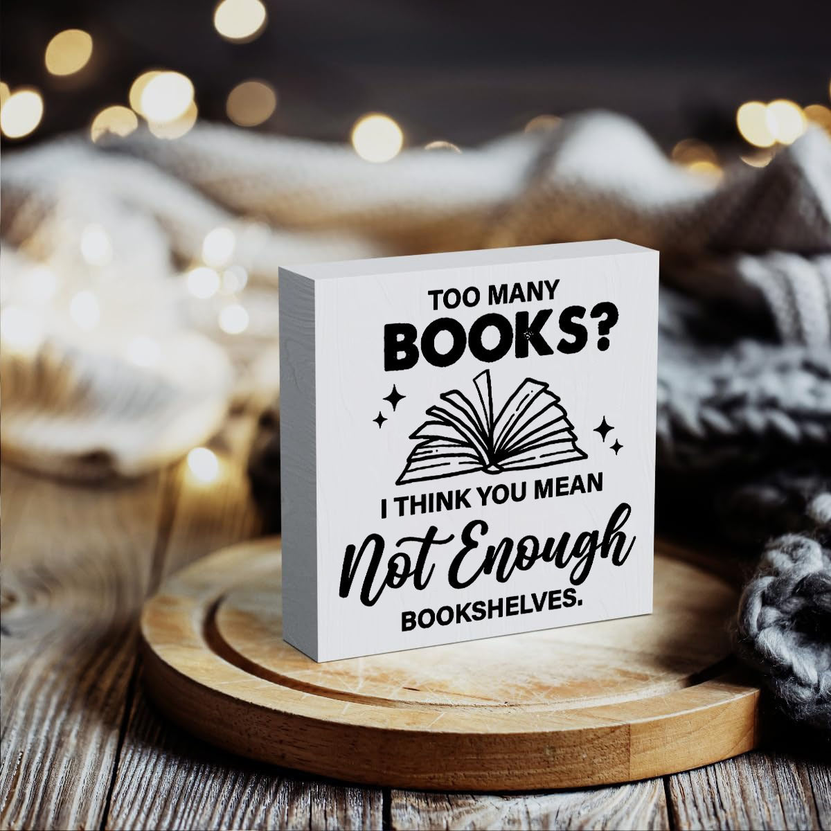 1pcs Contemporary Square Wall Art Decor with PS Material, "Too Many Books" Quote Desk Sign for Home Office Shelf/Tabletop Decoration - No Electricity Needed