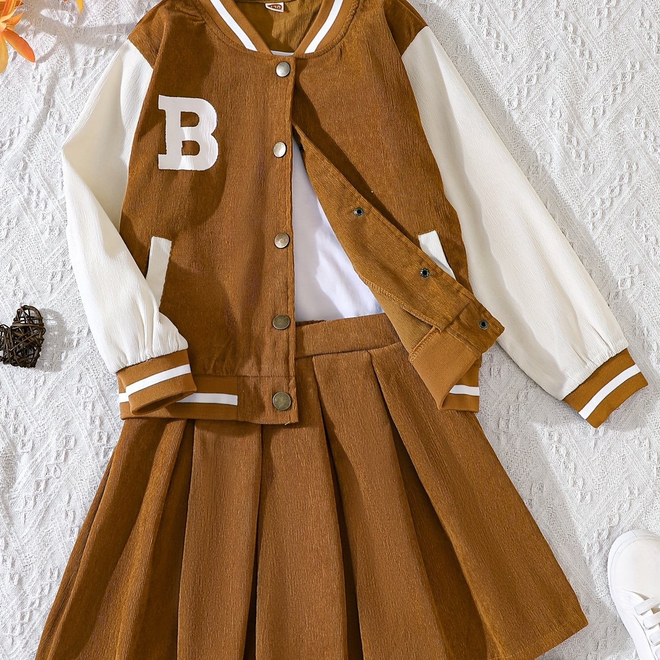 Girls 2pcs Long Sleeve Baseball Jacket Button Coat & Pleated Short Skirt Letter B Print Corduroy Preppy Casual Kids Outdoor Clothes For Spring And Autumn