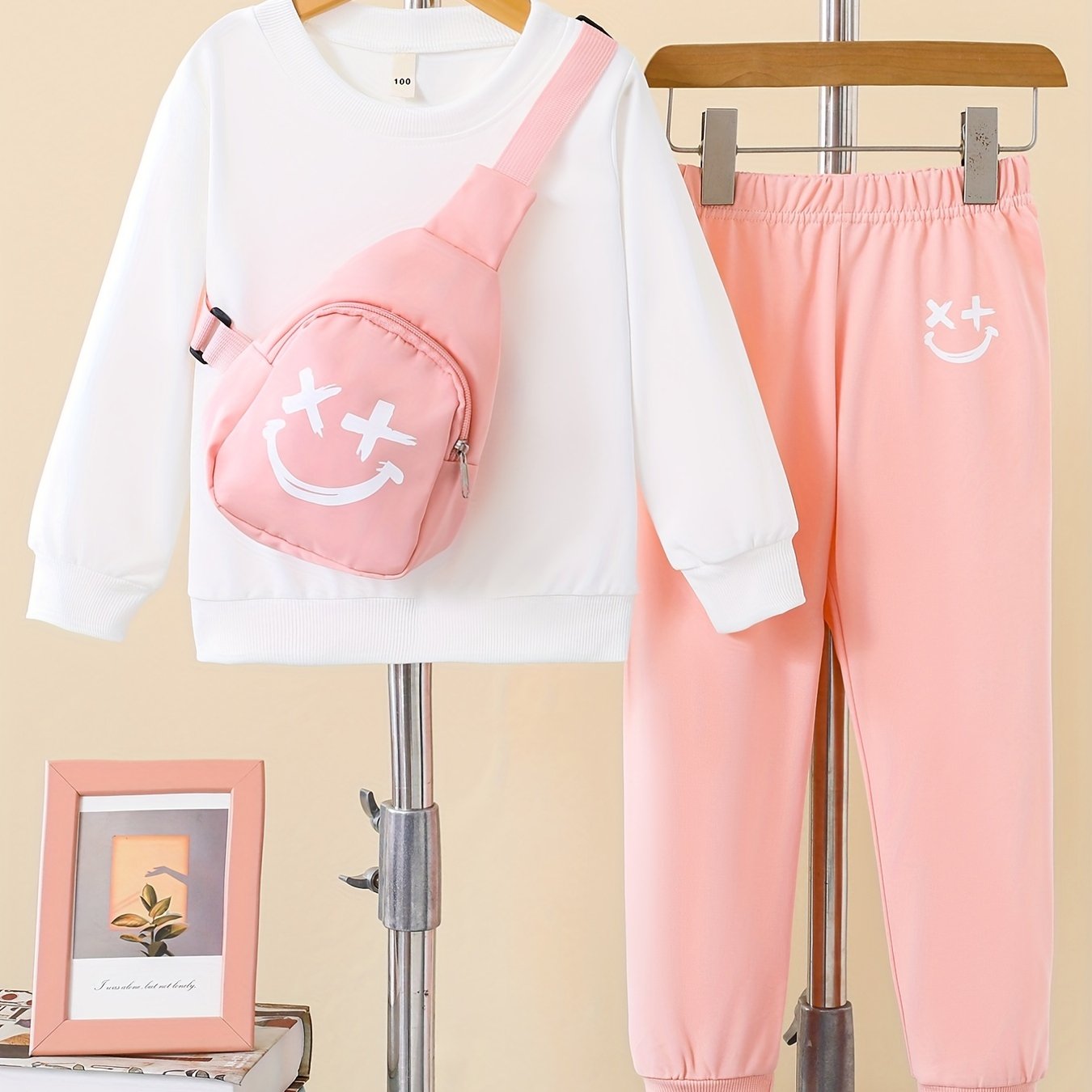 Girls 3pcs Trendy Sets, Solid Sweatshirt & Jogger Pants & Bag Sets Kids Clothes For Autumn Outdoor Sports