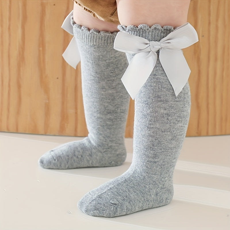 1pairs Baby Girls Cotton Big Bow Decor Cute Princess Over The Knee Socks, Girls Toddlers Kids Cute Lace Solid Color Long Stockings Dress Socks