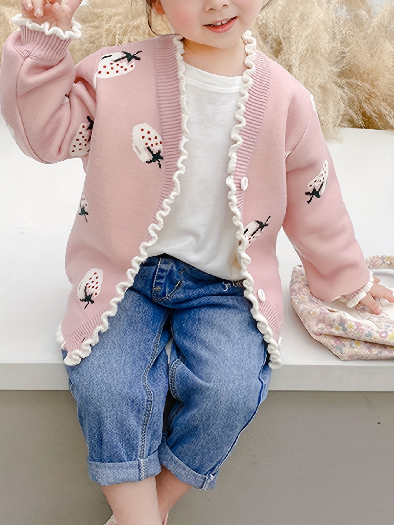 Girls' Stylish Fleece Sweater, Kids' Fashionable Warm Knitted Jacket for Toddlers and Babies