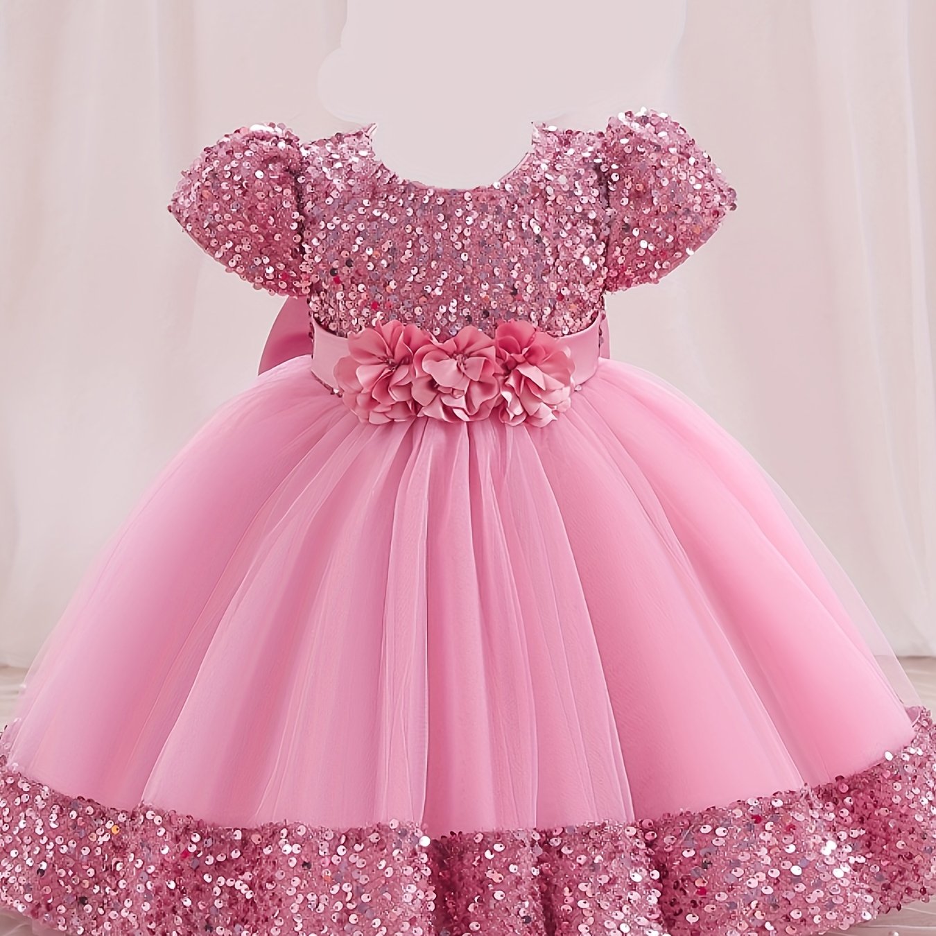 Gorgeous Sequin Flower Decor Puff Short Sleeve Tutu Dress Princess Dress Girls Kids Clothes Party Christmas