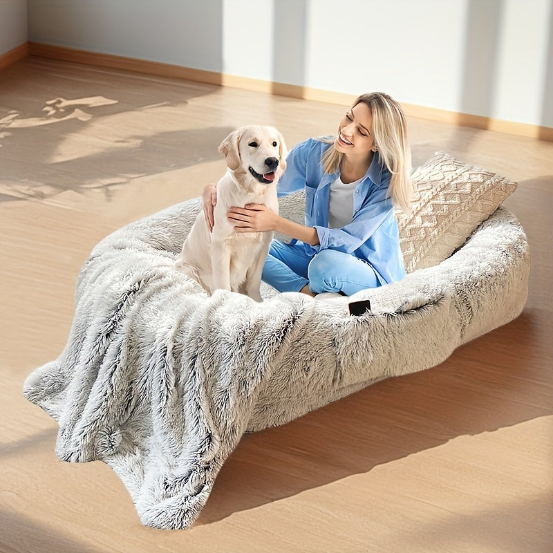 Gray Luxurious Orthopedic Memory Foam Dog Bed - Human-Sized, Washable Faux Fur, Includes Full Pillow, Blanket & Cushion - Ideal for Napping & Snuggling
