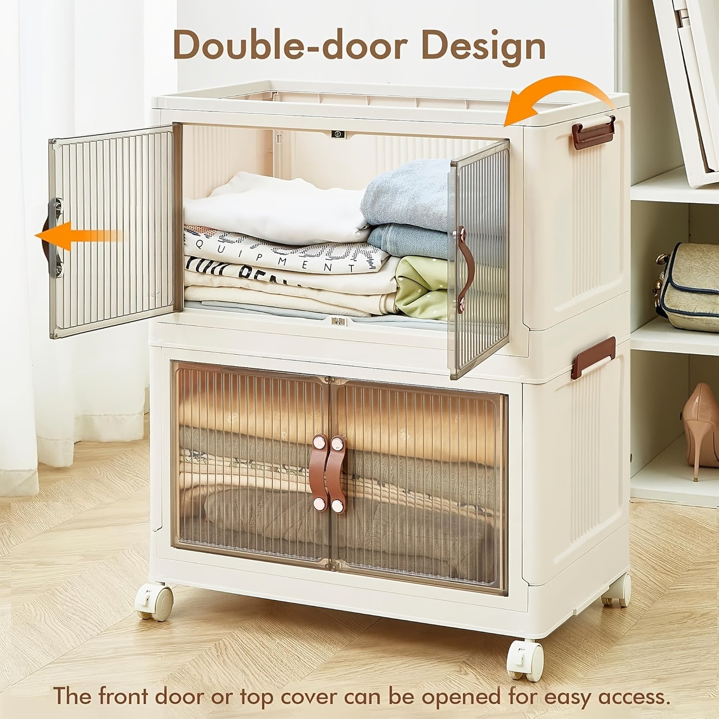 Foldable 19.69inch storage box 1/2/3 layers, large double opening storage organizer, large storage box with lid and wheels for clothes, snacks, and books, home office outdoor foldable container, kitchen storage cabinet