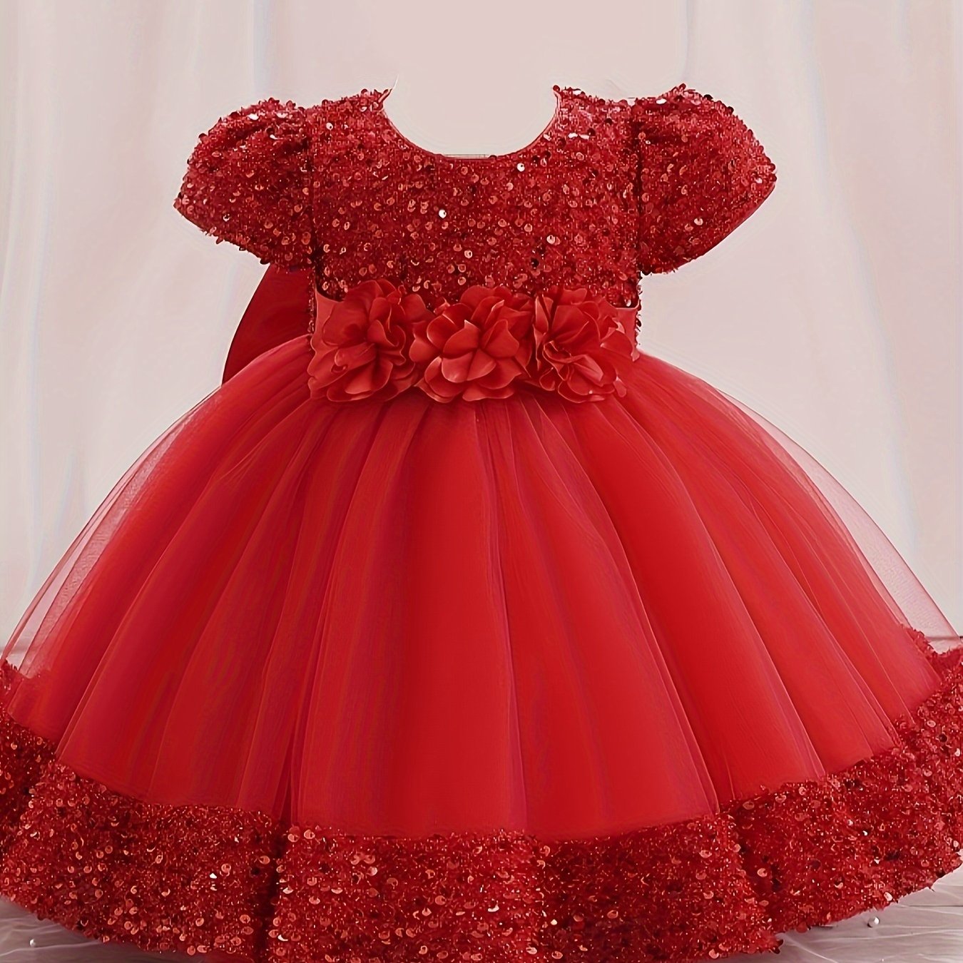 Gorgeous Sequin Flower Decor Puff Short Sleeve Tutu Dress Princess Dress Girls Kids Clothes Party Christmas