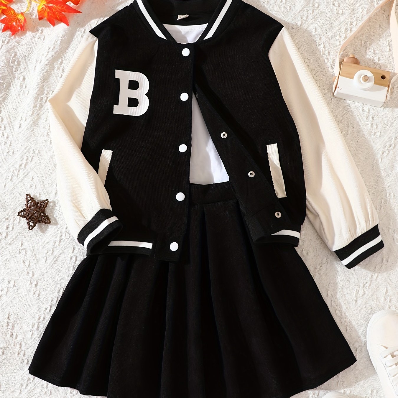 Girls 2pcs Long Sleeve Baseball Jacket Button Coat & Pleated Short Skirt Letter B Print Corduroy Preppy Casual Kids Outdoor Clothes For Spring And Autumn