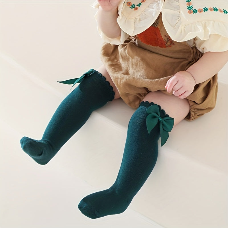 1pairs Baby Girls Cotton Big Bow Decor Cute Princess Over The Knee Socks, Girls Toddlers Kids Cute Lace Solid Color Long Stockings Dress Socks