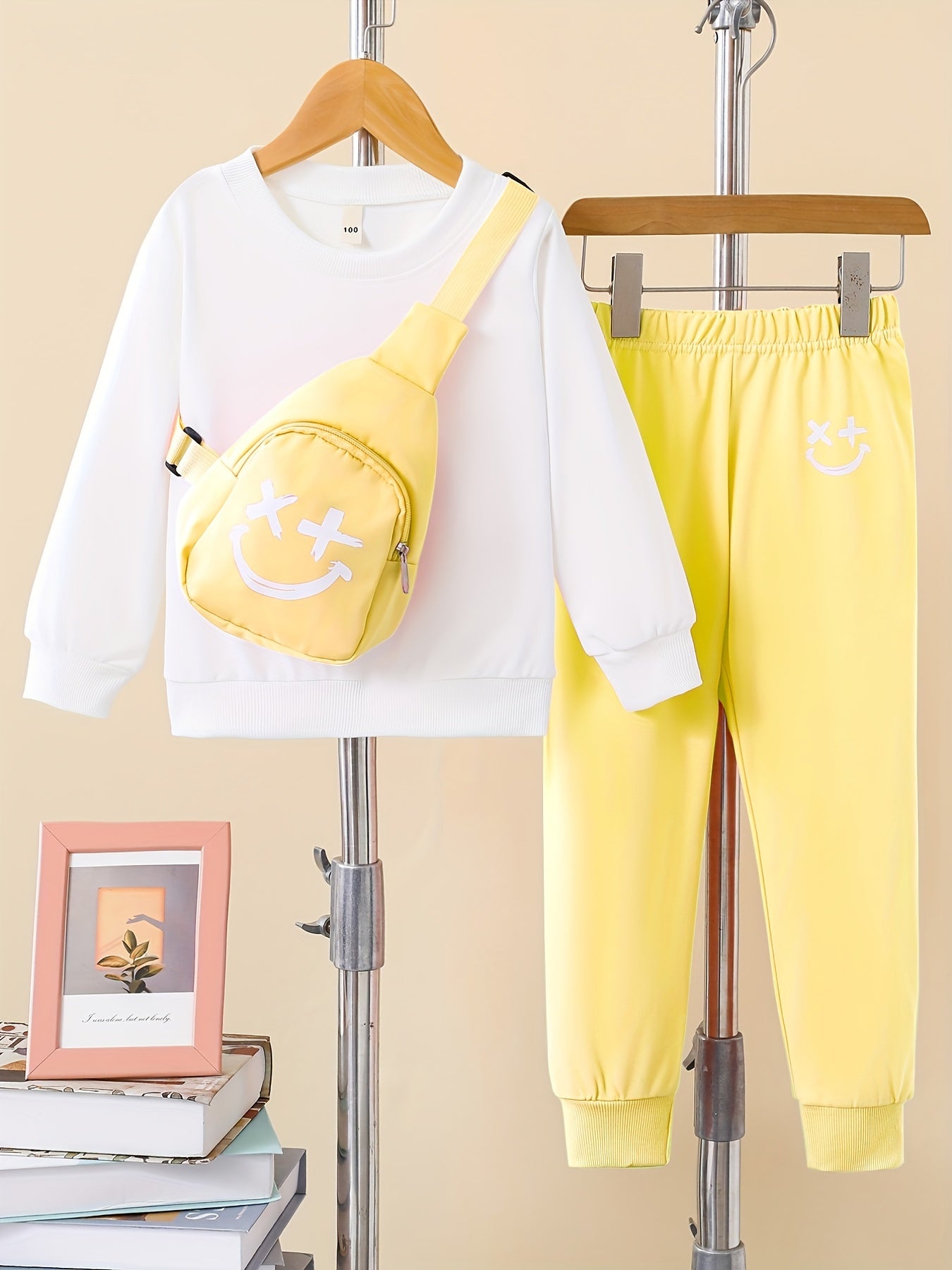 Girls 3pcs Trendy Sets, Solid Sweatshirt & Jogger Pants & Bag Sets Kids Clothes For Autumn Outdoor Sports