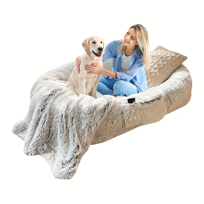 Gray Luxurious Orthopedic Memory Foam Dog Bed - Human-Sized, Washable Faux Fur, Includes Full Pillow, Blanket & Cushion - Ideal for Napping & Snuggling