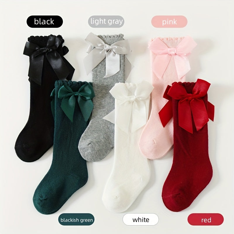 1pairs Baby Girls Cotton Big Bow Decor Cute Princess Over The Knee Socks, Girls Toddlers Kids Cute Lace Solid Color Long Stockings Dress Socks