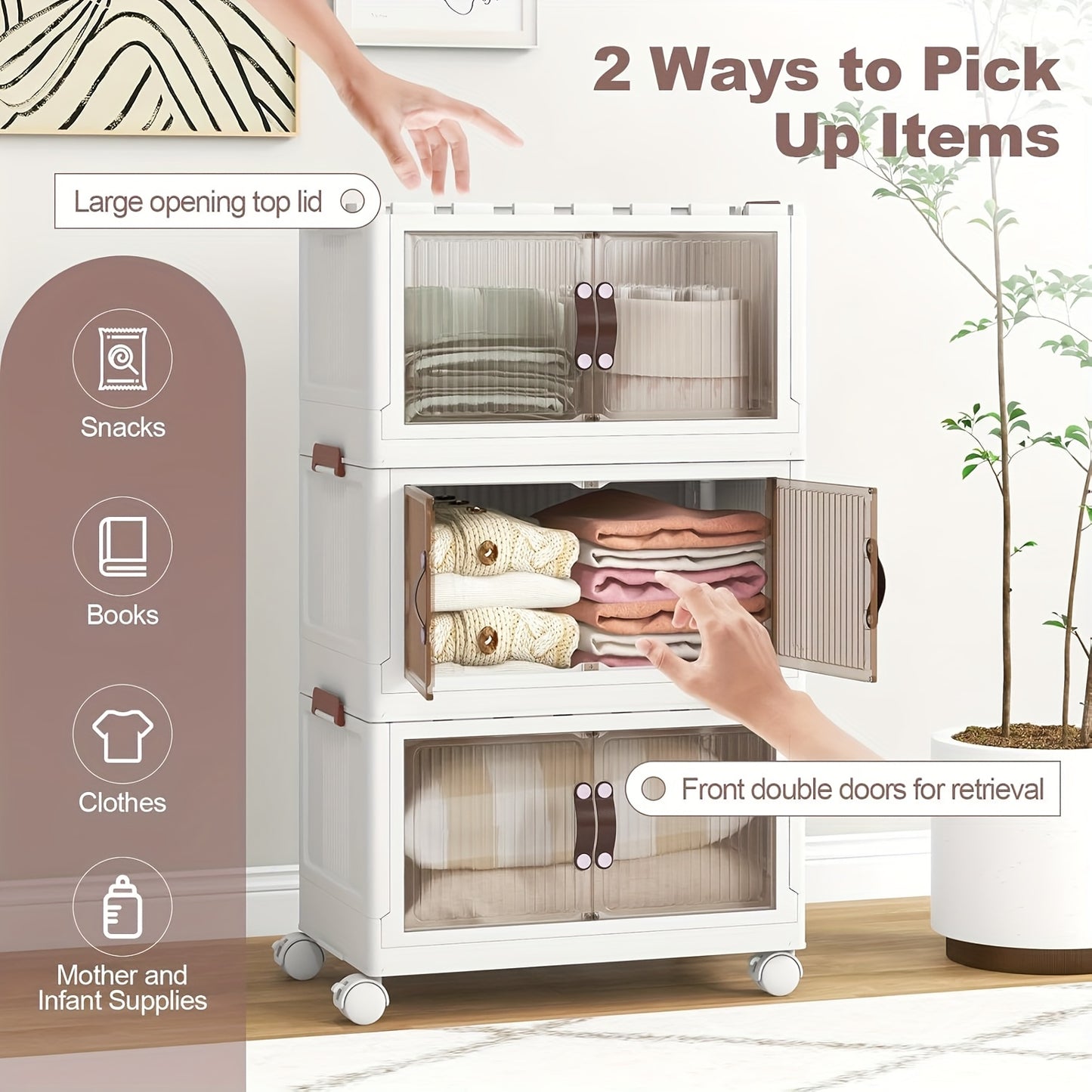 Foldable 19.69inch storage box 1/2/3 layers, large double opening storage organizer, large storage box with lid and wheels for clothes, snacks, and books, home office outdoor foldable container, kitchen storage cabinet