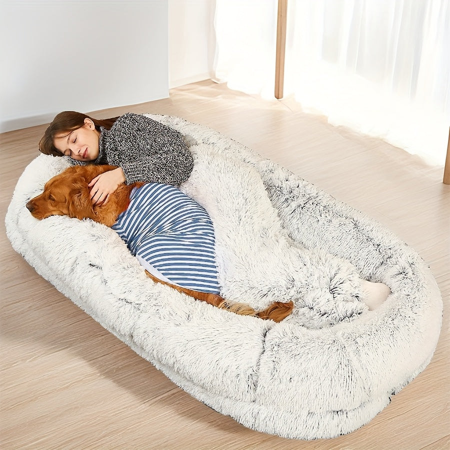 Gray Luxurious Orthopedic Memory Foam Dog Bed - Human-Sized, Washable Faux Fur, Includes Full Pillow, Blanket & Cushion - Ideal for Napping & Snuggling