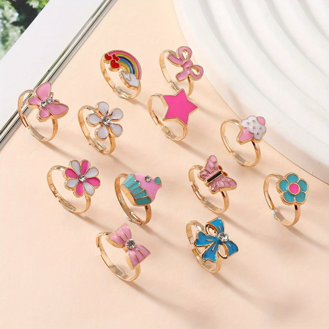 12pcs Cute Cartoon Princess Ring Set for Kids Girls, Zinc Alloy, Assorted Designs in Gift Box