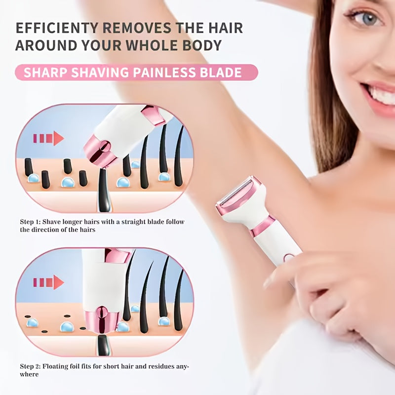 4in1 Women's Electric Hair Remover Multifunctional Women's Electric Shaver Trimmer Set Bikini Line Trimmer for Women USB Rechargeable for Eyebrows, Nose, Face Legs Hair Removal Portable Gentle Perfect Gift for Women