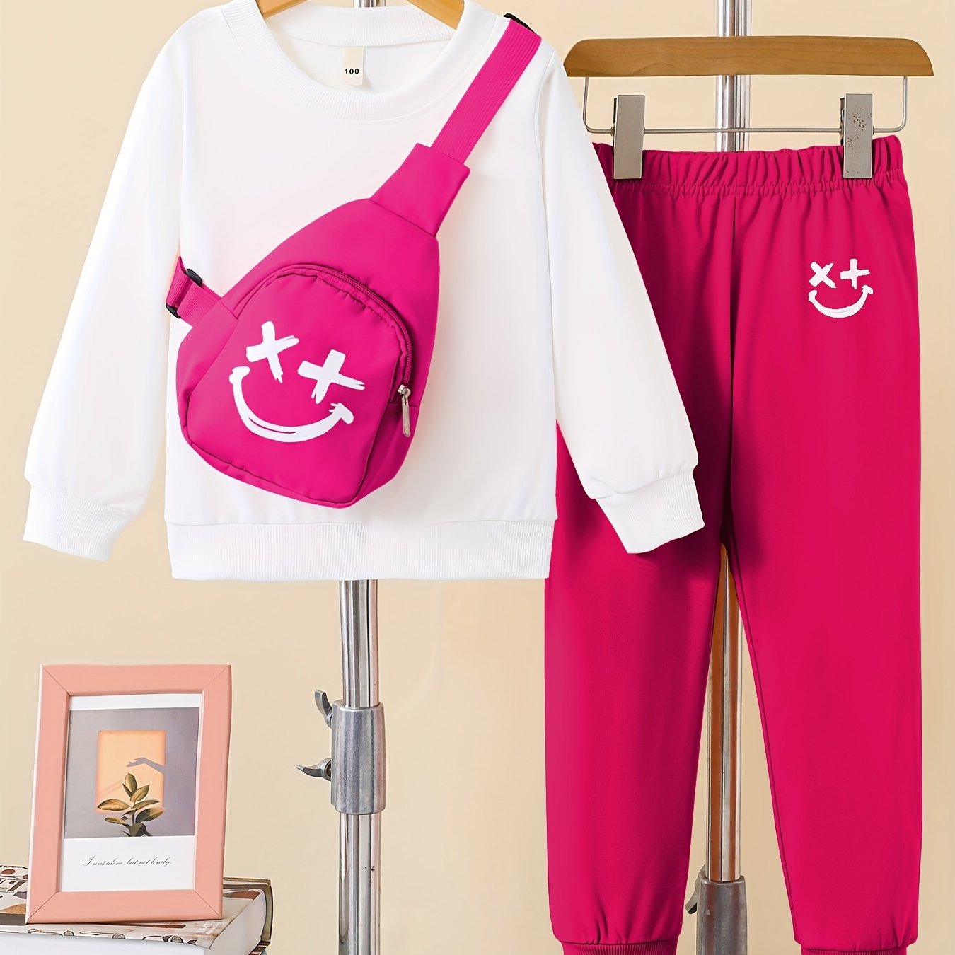Girls 3pcs Trendy Sets, Solid Sweatshirt & Jogger Pants & Bag Sets Kids Clothes For Autumn Outdoor Sports