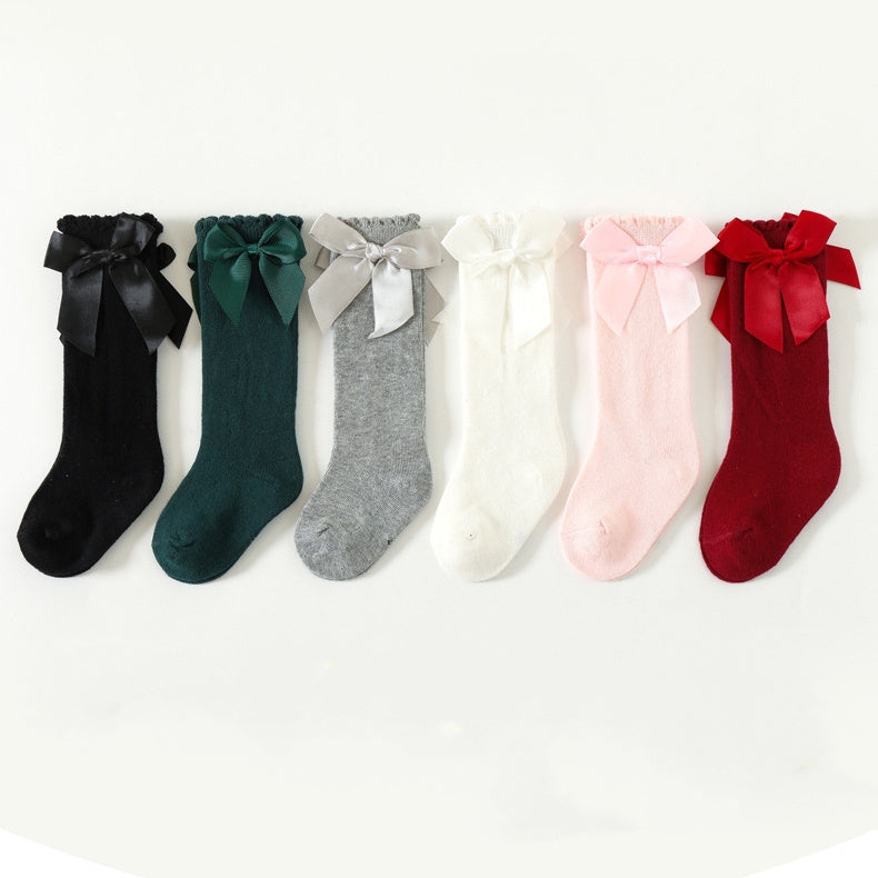 1pairs Baby Girls Cotton Big Bow Decor Cute Princess Over The Knee Socks, Girls Toddlers Kids Cute Lace Solid Color Long Stockings Dress Socks
