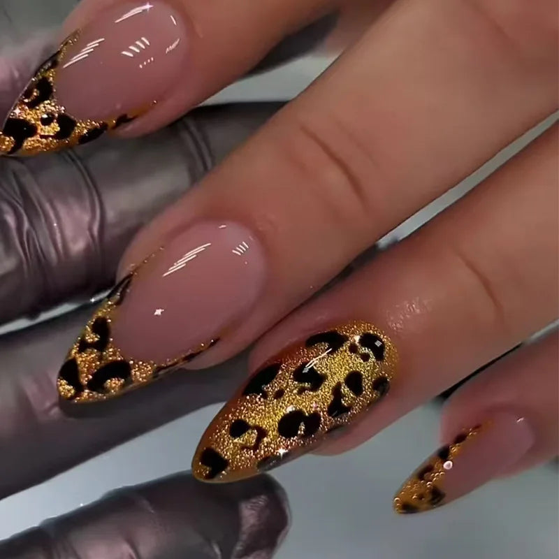 24PCS Almond Nails – Mixed Solid Colors with Subtle Florals & Golden Highlights