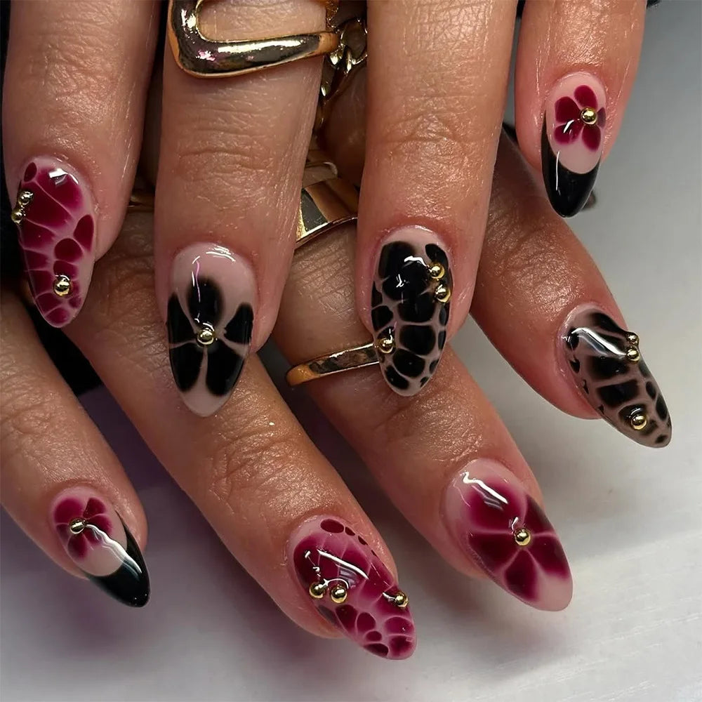24PCS Almond Nails – Mixed Solid Colors with Subtle Florals & Golden Highlights