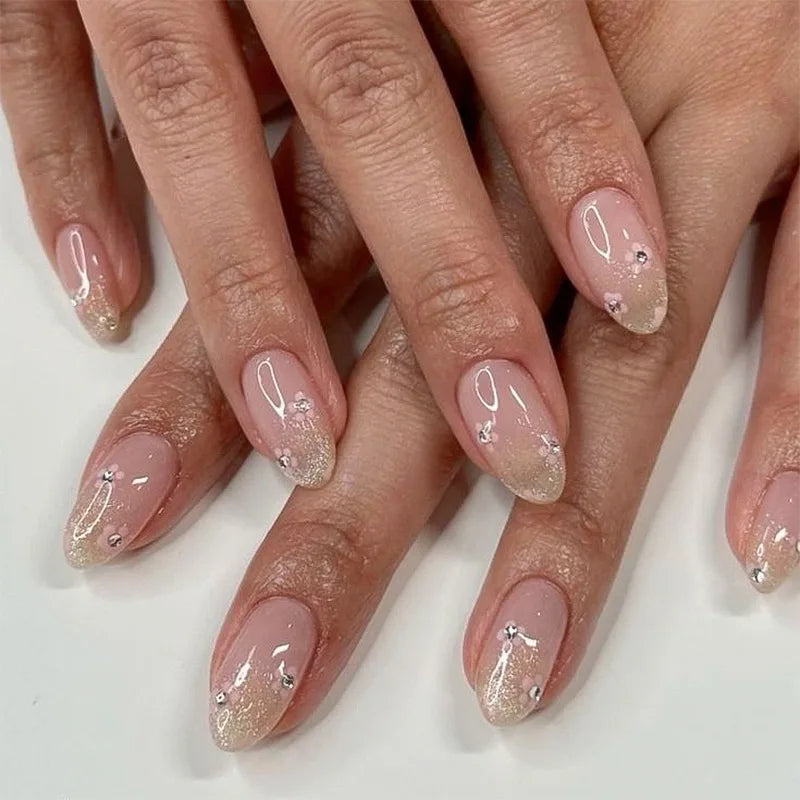 24PCS Almond Nails – Mixed Solid Colors with Subtle Florals & Golden Highlights