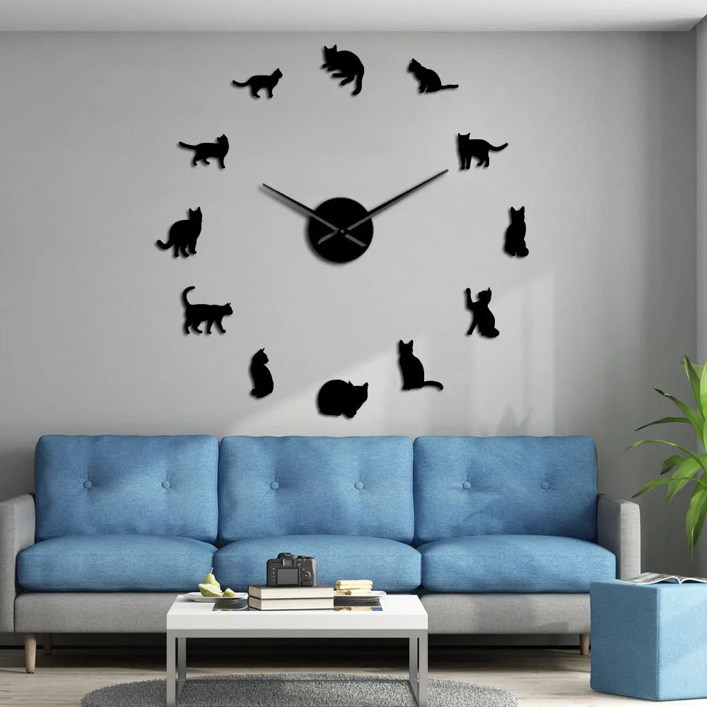 Silhouette Cats Wall Art Kittens DIY Giant Wall Clock Playful Cats Big Needle Kitty Girl Room Large Wall Watch Feline Fan Gift