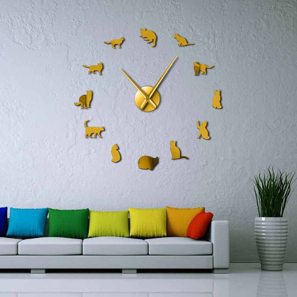 Silhouette Cats Wall Art Kittens DIY Giant Wall Clock Playful Cats Big Needle Kitty Girl Room Large Wall Watch Feline Fan Gift
