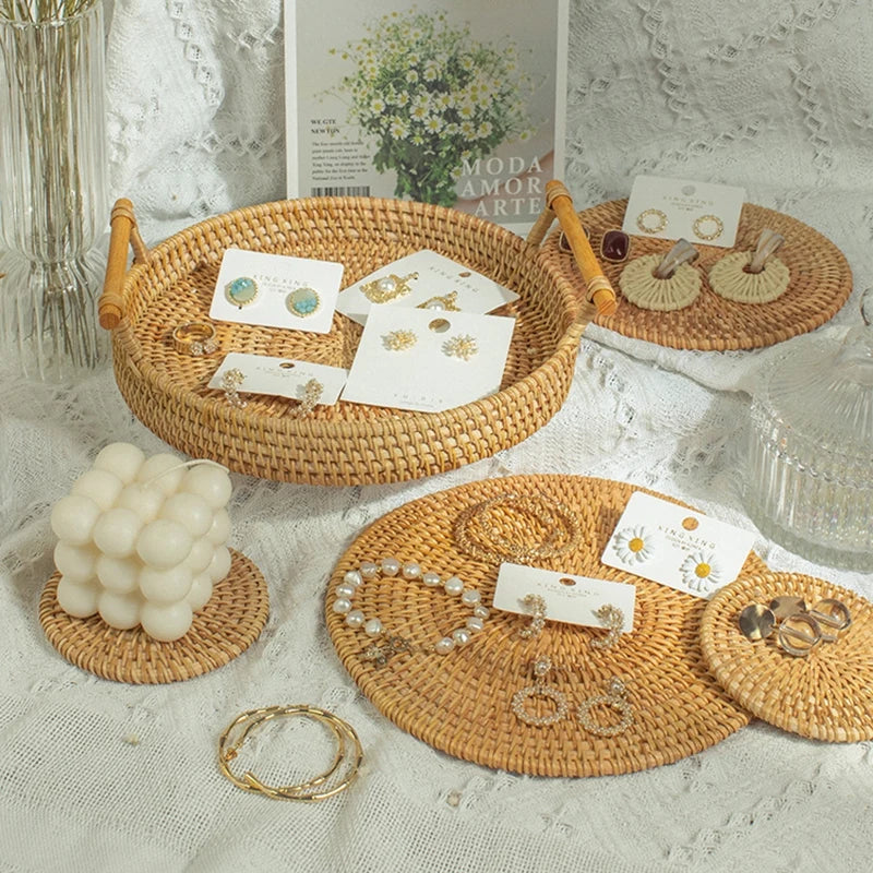Rattan Table Mats Round Placemat for Home Office Coffee Cup Pad Handmade Woven Insulation Heat Coasters Dinner Table Decor