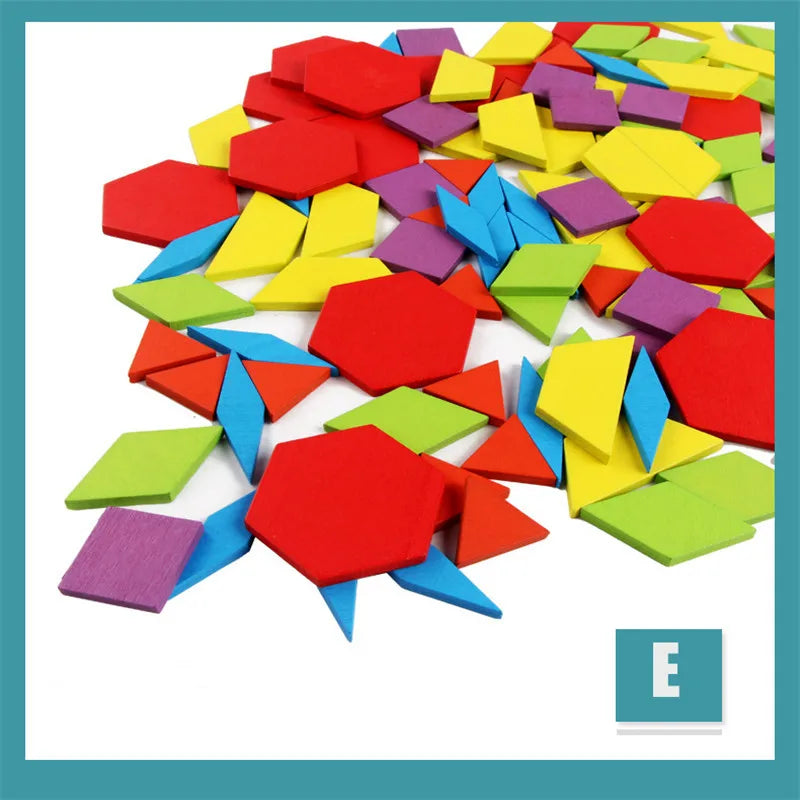 155 Pcs Wooden Pattern Blocks Set Geometric Shape Puzzle Kindergarten Classic Educational Montessori Tangram Toys for Kids