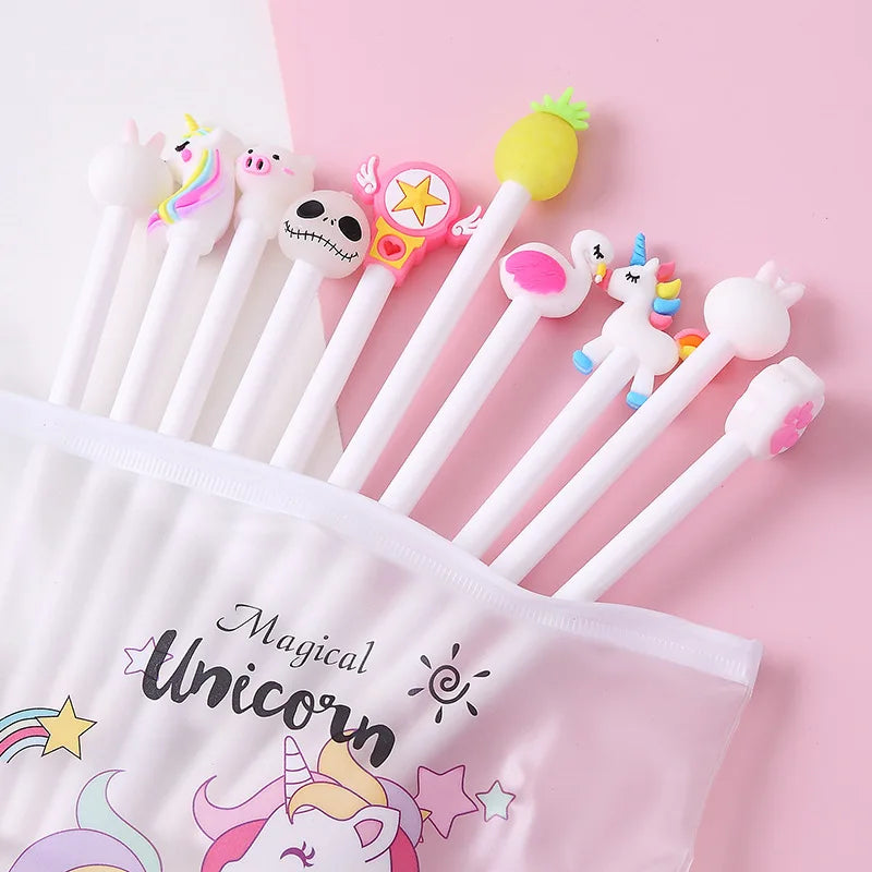 10Pcs / Set Cute Gel Pen Kawaii Random Pattern Unicorn Pony 0.5m Black Gel Ink Pen School Stationery Office Suppliers Gifts