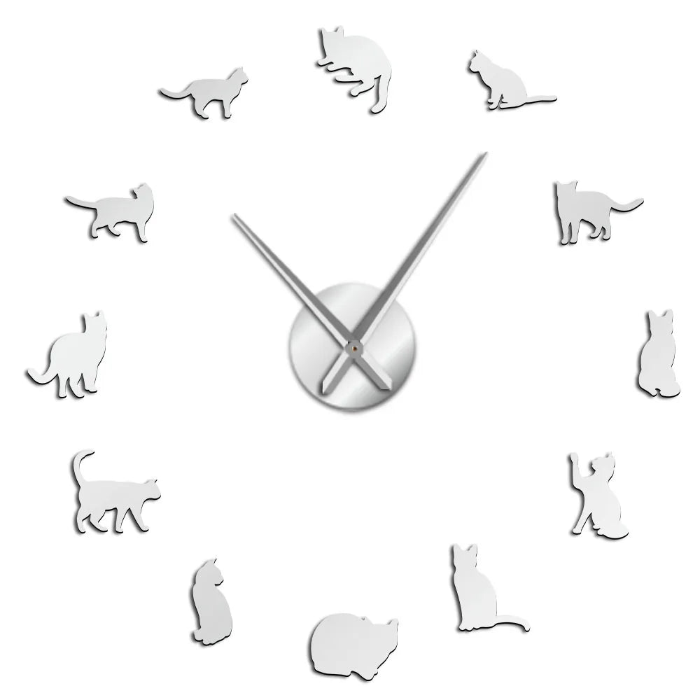 Silhouette Cats Wall Art Kittens DIY Giant Wall Clock Playful Cats Big Needle Kitty Girl Room Large Wall Watch Feline Fan Gift