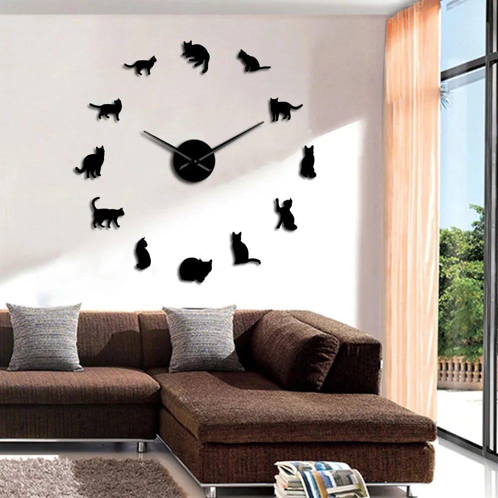 Silhouette Cats Wall Art Kittens DIY Giant Wall Clock Playful Cats Big Needle Kitty Girl Room Large Wall Watch Feline Fan Gift