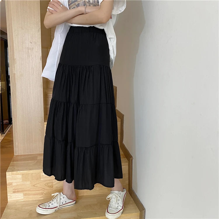 Spring Summer Women Chiffon Skirts Vintage High Waist Elastic Patchwork White Black Chic Long Cake A-line Skirt for Student