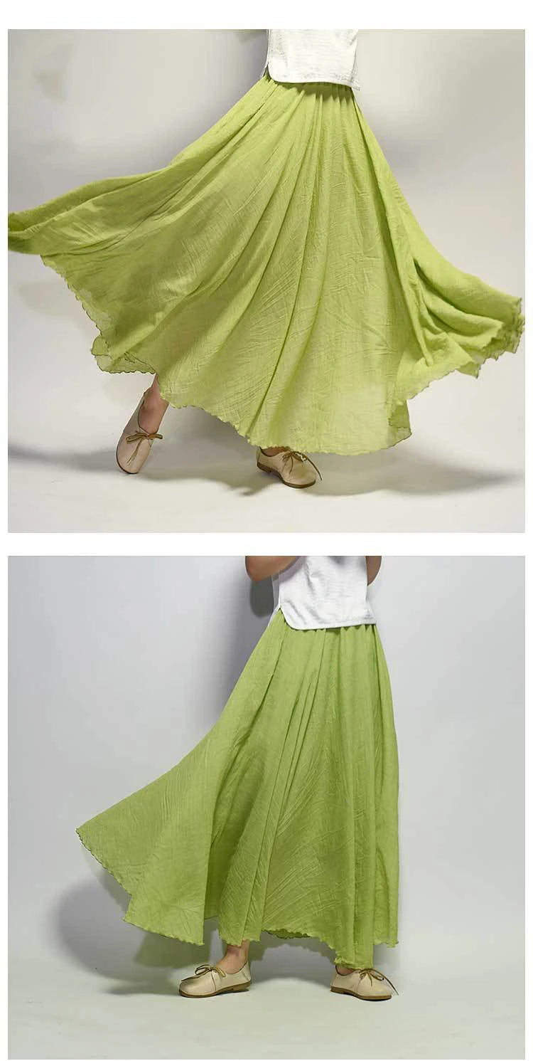 Women's Elegant High Waist Linen Maxi Skirt 2024 Summer Ladies Casual Elastic Waist 2 Layers Skirts saia feminina