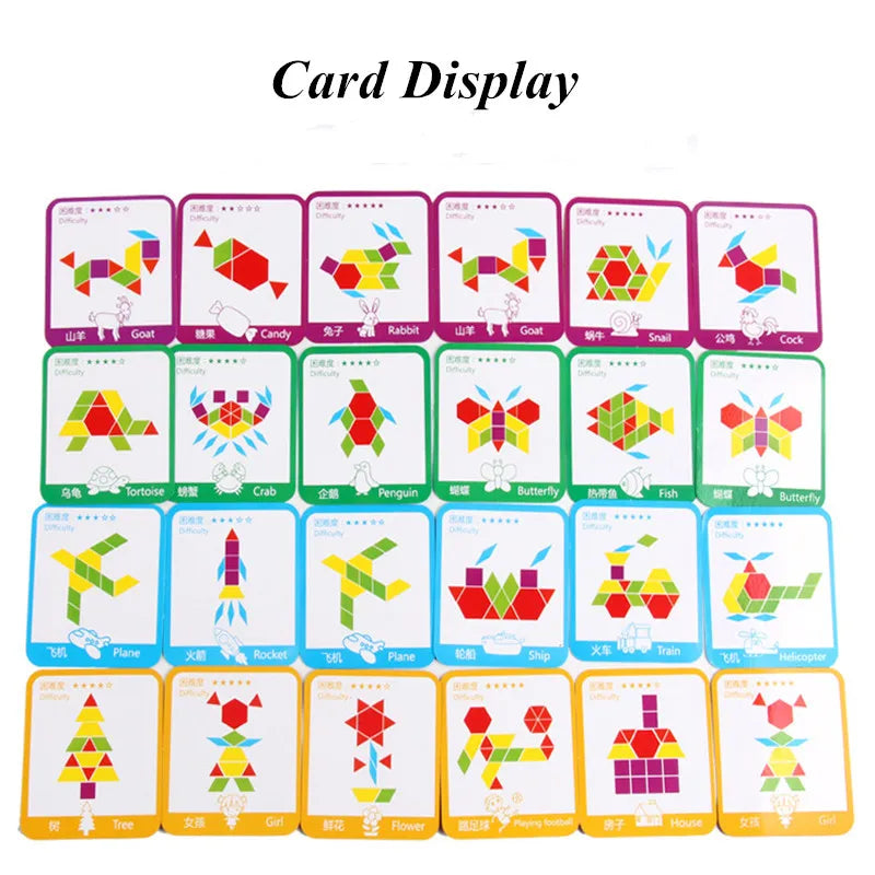 155 Pcs Wooden Pattern Blocks Set Geometric Shape Puzzle Kindergarten Classic Educational Montessori Tangram Toys for Kids