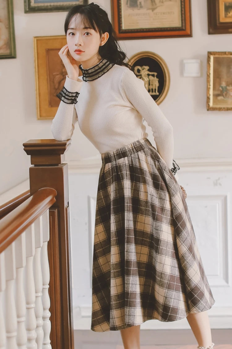 2025 Autumn Winter Elegant Women Skirts Vintage Plaid Woolen Woven High Quality High-waisted Vintage Sweet Female Skirt Woman