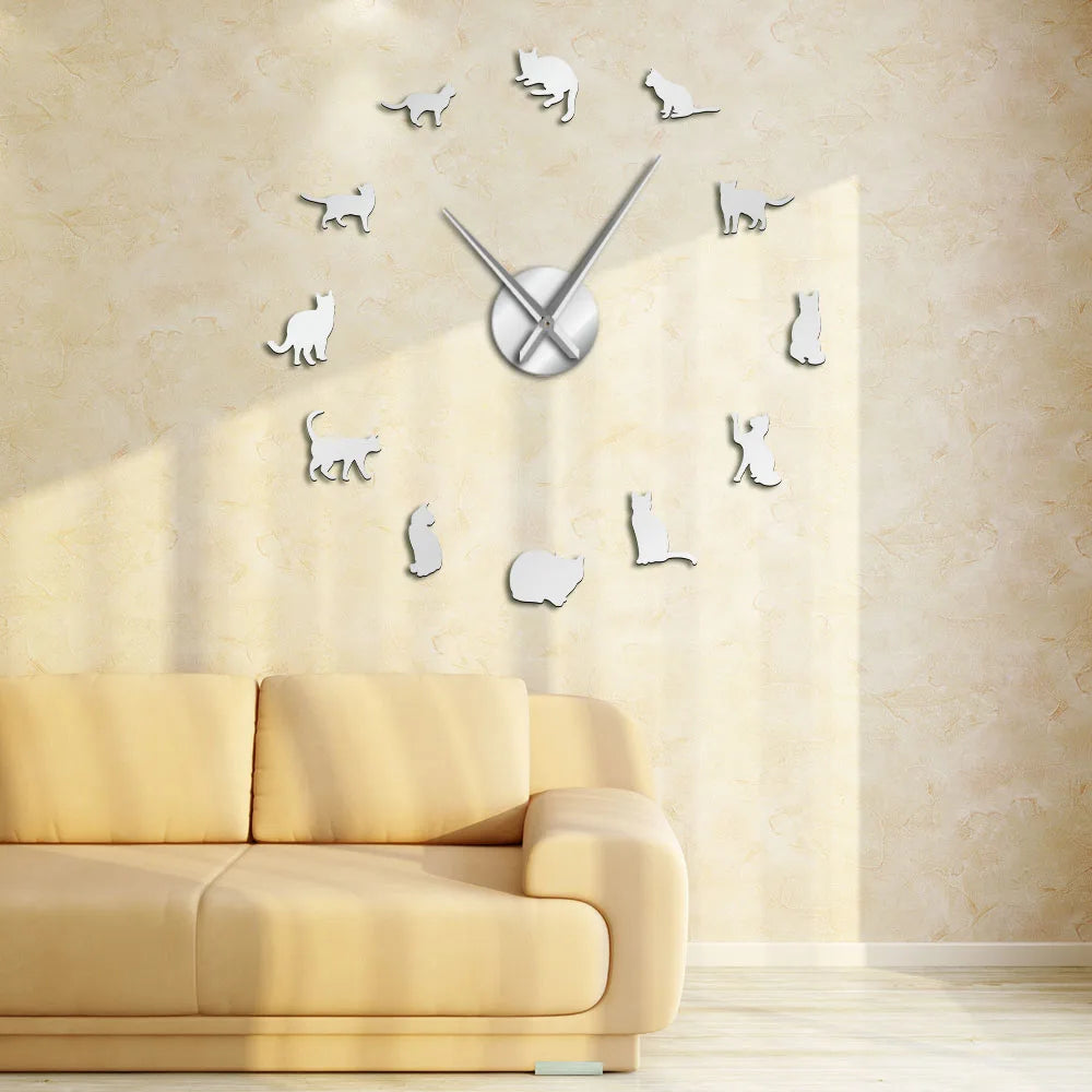Silhouette Cats Wall Art Kittens DIY Giant Wall Clock Playful Cats Big Needle Kitty Girl Room Large Wall Watch Feline Fan Gift