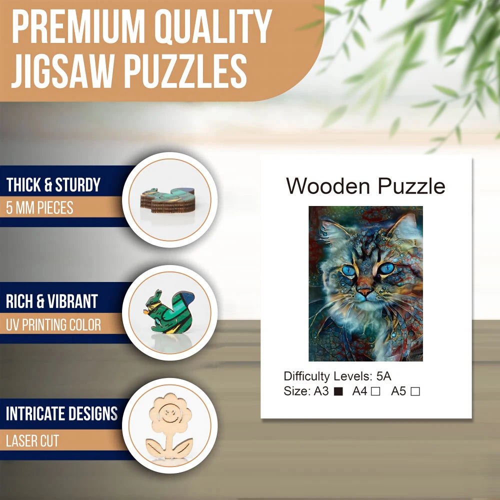 Blue Eyes Cat Wooden Puzzles for Adults, Unique Shape Wooden Animal Puzzle Creative Challenge for Adults, Family, Friend