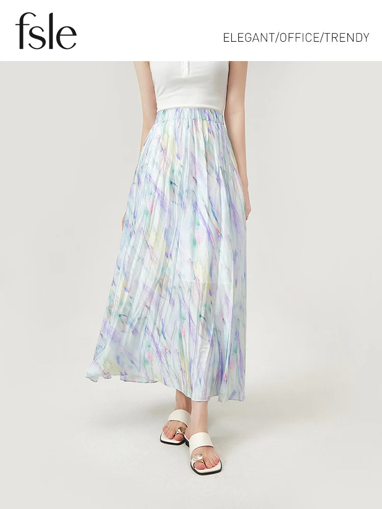 FSLE Long Floral Skirts Elastic Waist High Waist Summer Thin Pleated Ankle-Length Light Blue Women Skirt 24FS12895