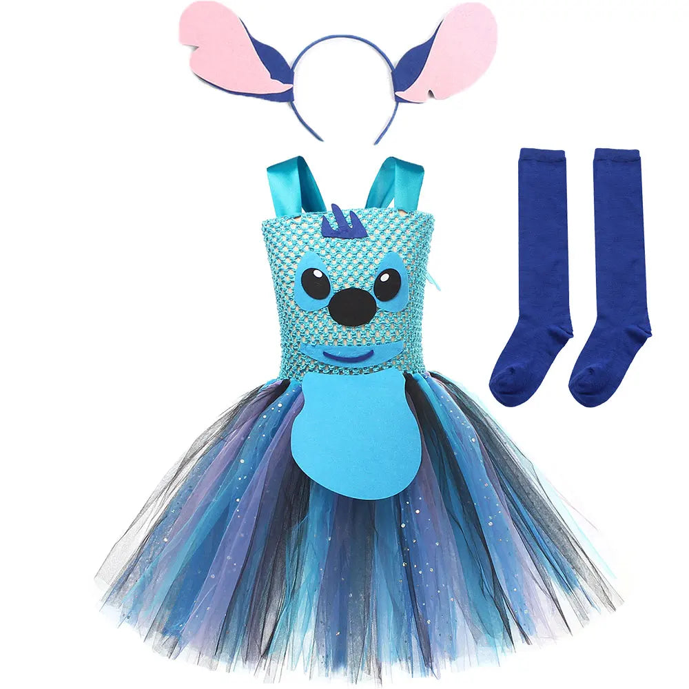 Movie Girls Alien Dog Costume Cartoon Blue Tulle Festival Dress Lilo Tutu Dress Maia Kealaha Live-action Character Dress Up