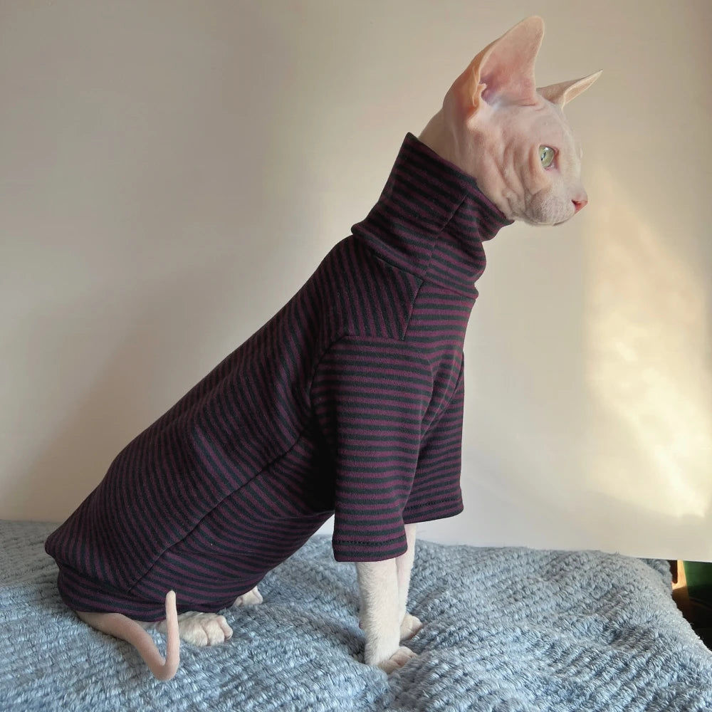 Striped Undershirt for Sphynx Cat Elegant high neck T-shirt for Kittens Dogs Spring Soft Long Sleeve Coat for Devon Rex Clothing