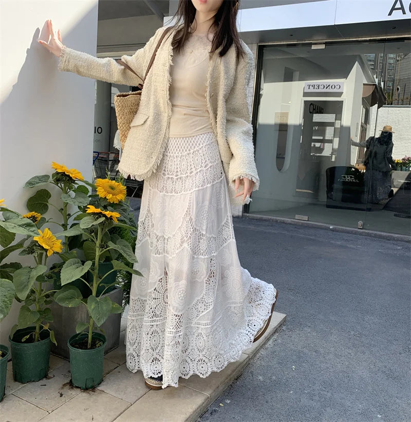 SMTHMA New Korean Retro French Hook Flower Hollow Design Elastic Knitted Skirt Women's Elastic High Waist A-line Long Skirt