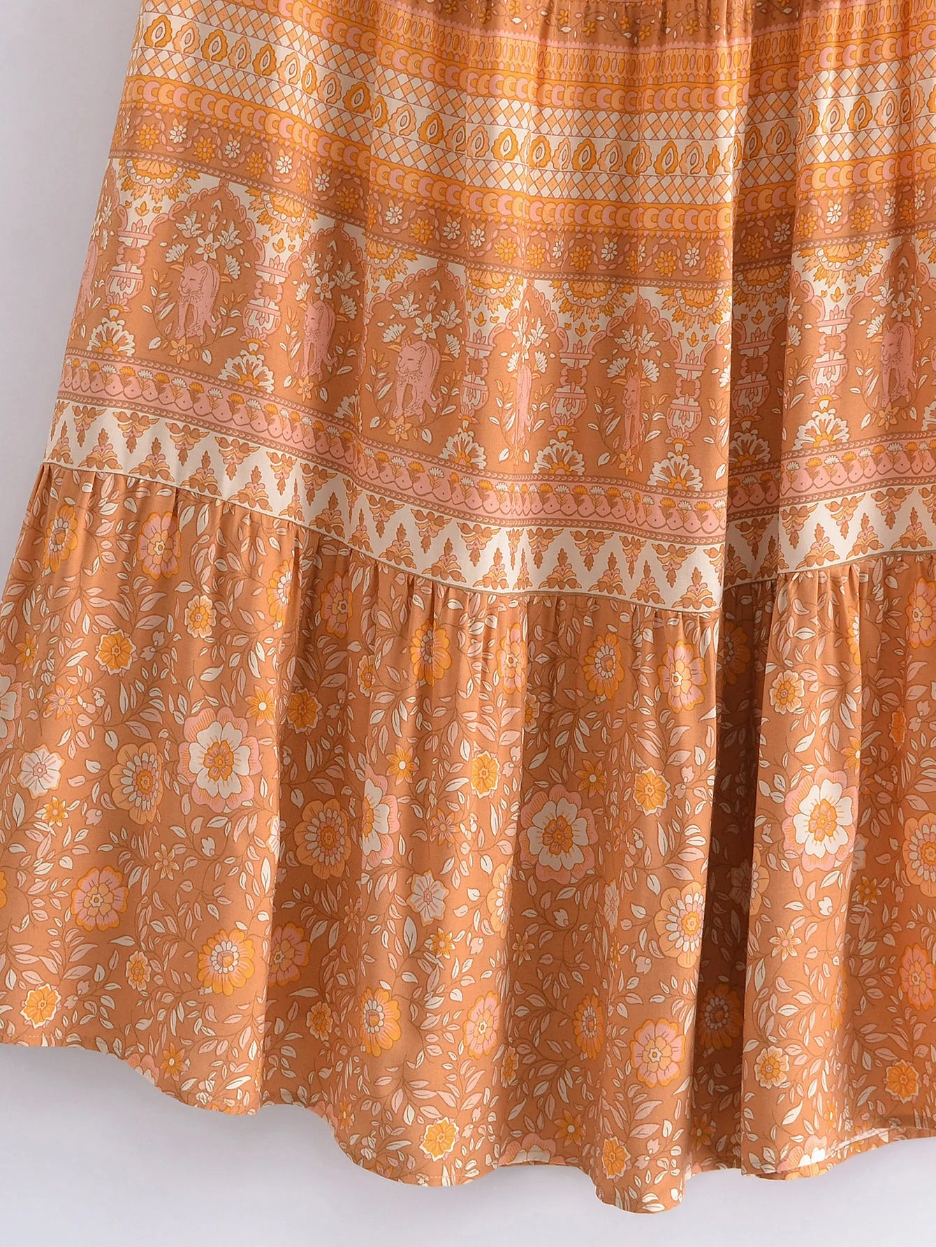 2022 BOHO Orange Flower Print Long Skirt Spliced Ruched Ruffle Hem Hippie Women Ball Tassel Bow Waist Swing Skirts Holiday