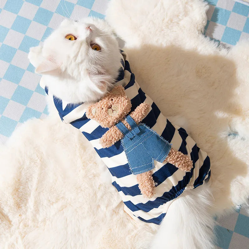 Cotton Kawaii Pet Striped Jumpsuit Dog Clothes for Small Dogs Cartoon Pattern Dog Pajamas Chihuahua Kitten Puppy Girls Dog Shirt