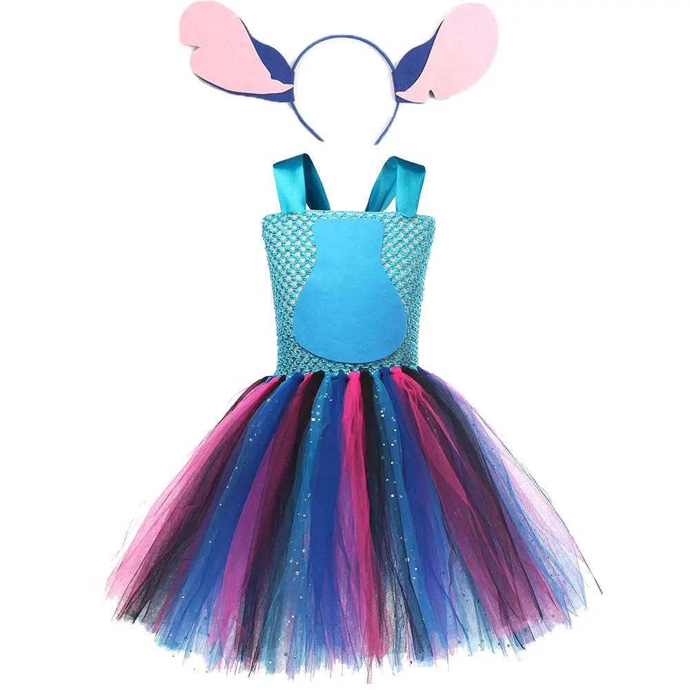 Movie Girls Alien Dog Costume Cartoon Blue Tulle Festival Dress Lilo Tutu Dress Maia Kealaha Live-action Character Dress Up