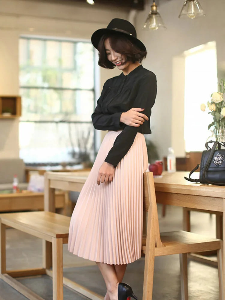 Spring and Autumn New Fashion Women's High Waist Pleated Solid Color Half Length Elastic Skirt Promotions Lady Black Pink