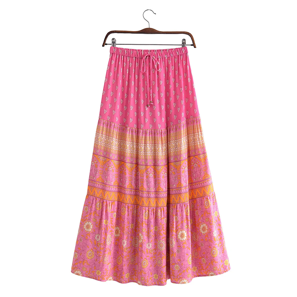 2022 BOHO Orange Flower Print Long Skirt Spliced Ruched Ruffle Hem Hippie Women Ball Tassel Bow Waist Swing Skirts Holiday