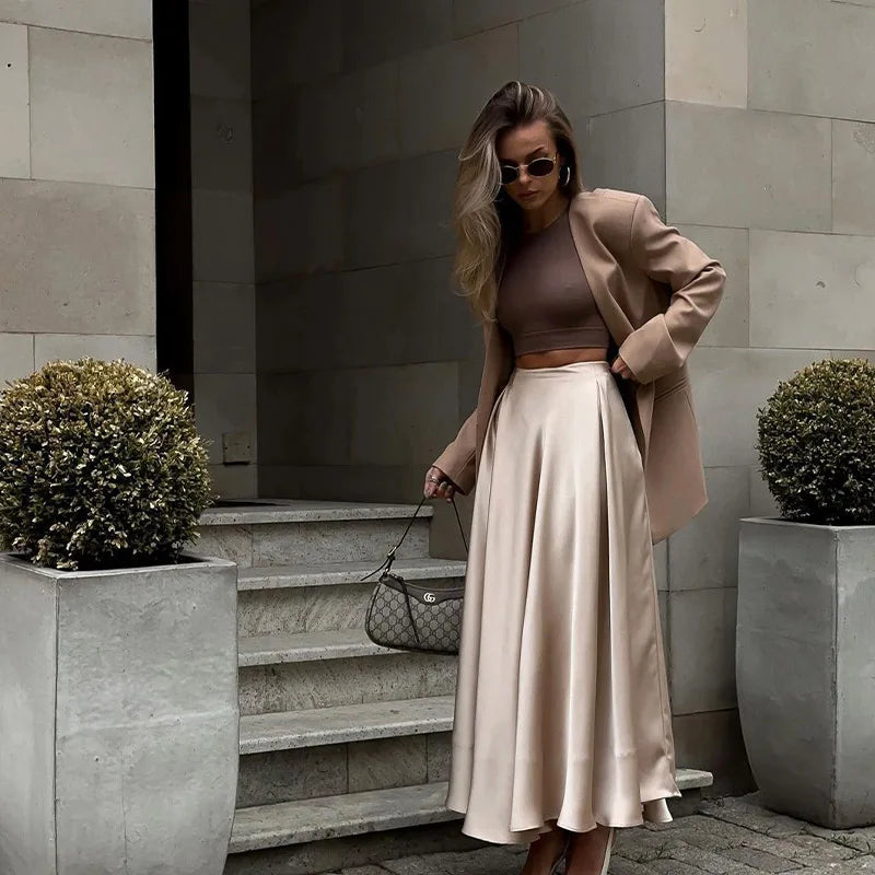 Elegant Satin Loose Women Skirt 2025 High Waist Maxi Skirts Streetwear Classic Long Skirt Fashion Female Black Skirt